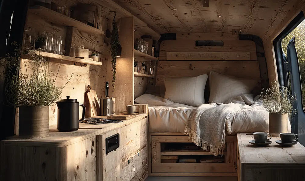 Intérieur de van aménagé avec kit Combeing en bois, modules emboîtables, linéaire lit/rangement