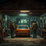 Deux amis discutent dans un garage près d’une Renault R19, symbole de passion automobile et d’entrepreneuriat
