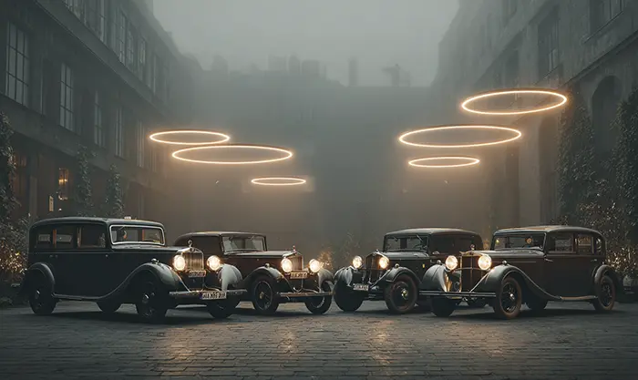 Les quatre marques fondatrices du logo Audi représentées par leurs véhicules d’époque