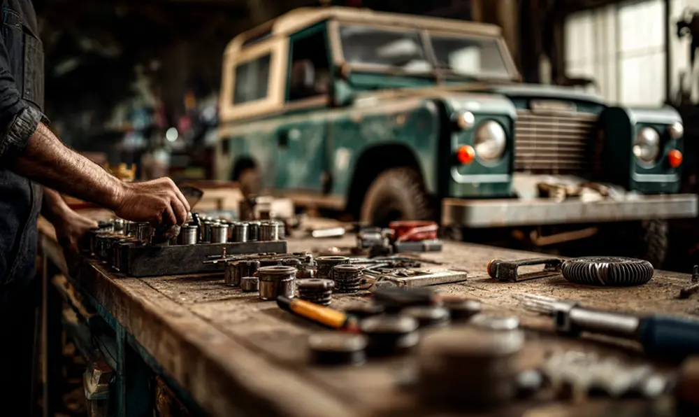 Mécanicien expert restaurant un Land Rover Defender dans un garage ancien