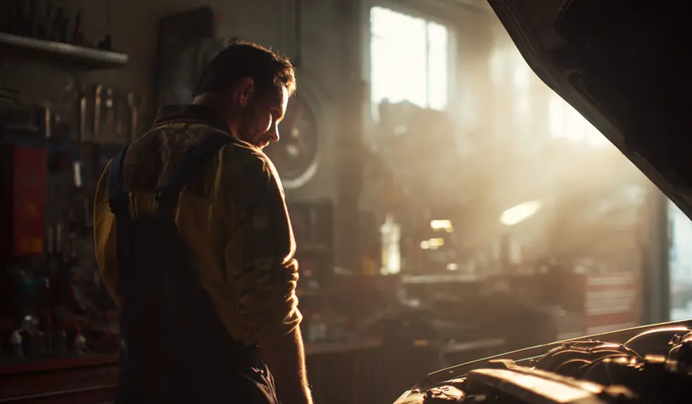 mécanicien dans atelier avec voiture et voyant moteur allumé