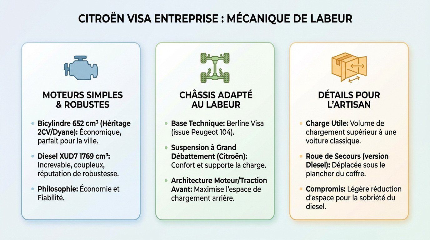 Vue éclatée moteur et châssis de la Citroën Visa Entreprise montrant sa robustesse utilitaire