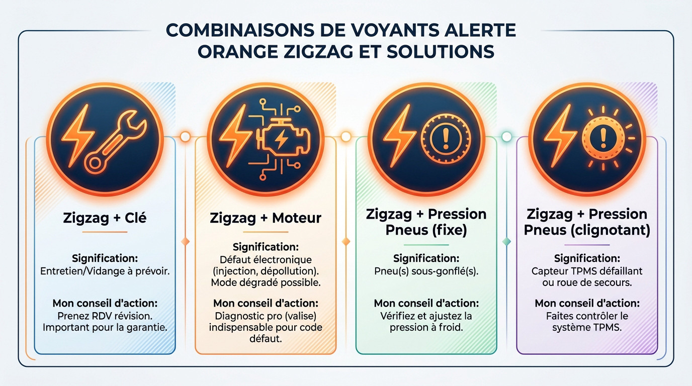 Tableau de bord Dacia Sandero affichant le voyant zigzag orange combiné à d'autres alertes