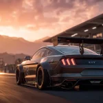 Ford Mustang GTD en piste au lever du jour, vue dynamique