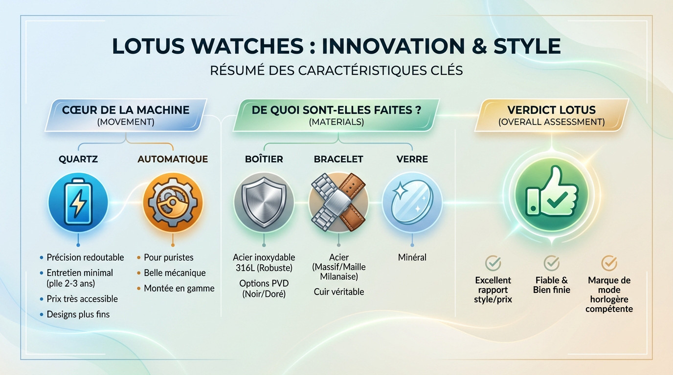 Infographie détaillant les caractéristiques techniques des montres Lotus : mouvements quartz et matériaux