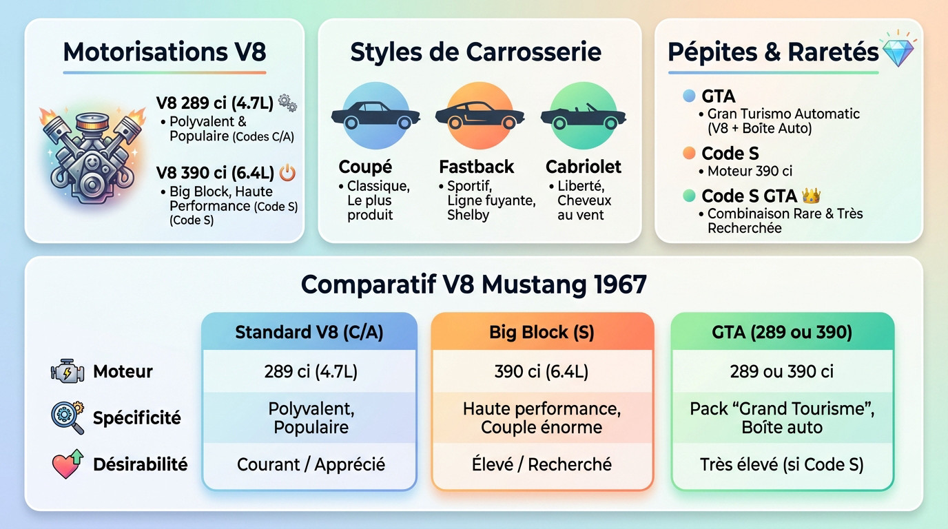 Infographie détaillée des moteurs V8 et versions de la Ford Mustang 1967