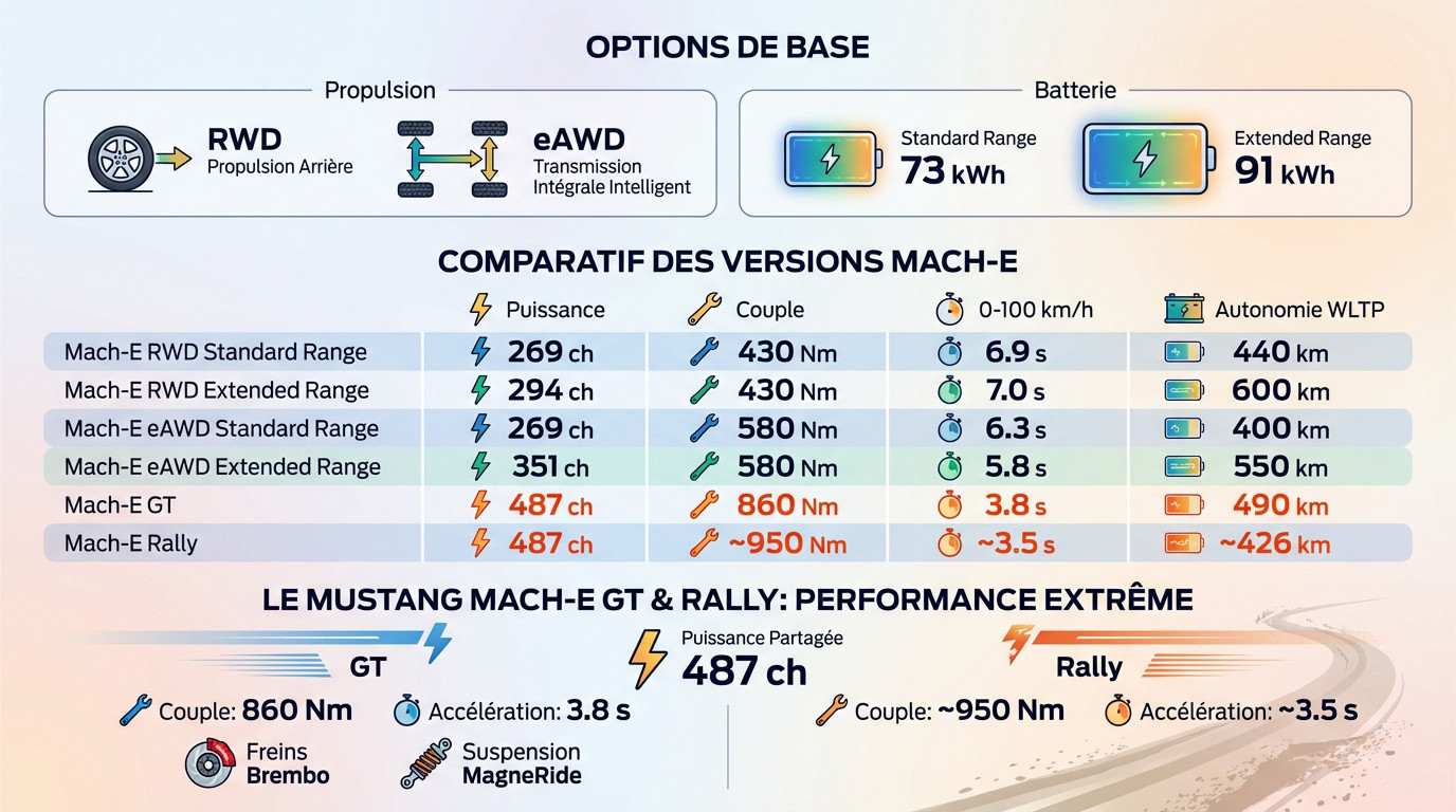 Infographie détaillée des performances et options du Ford Mustang Mach-E