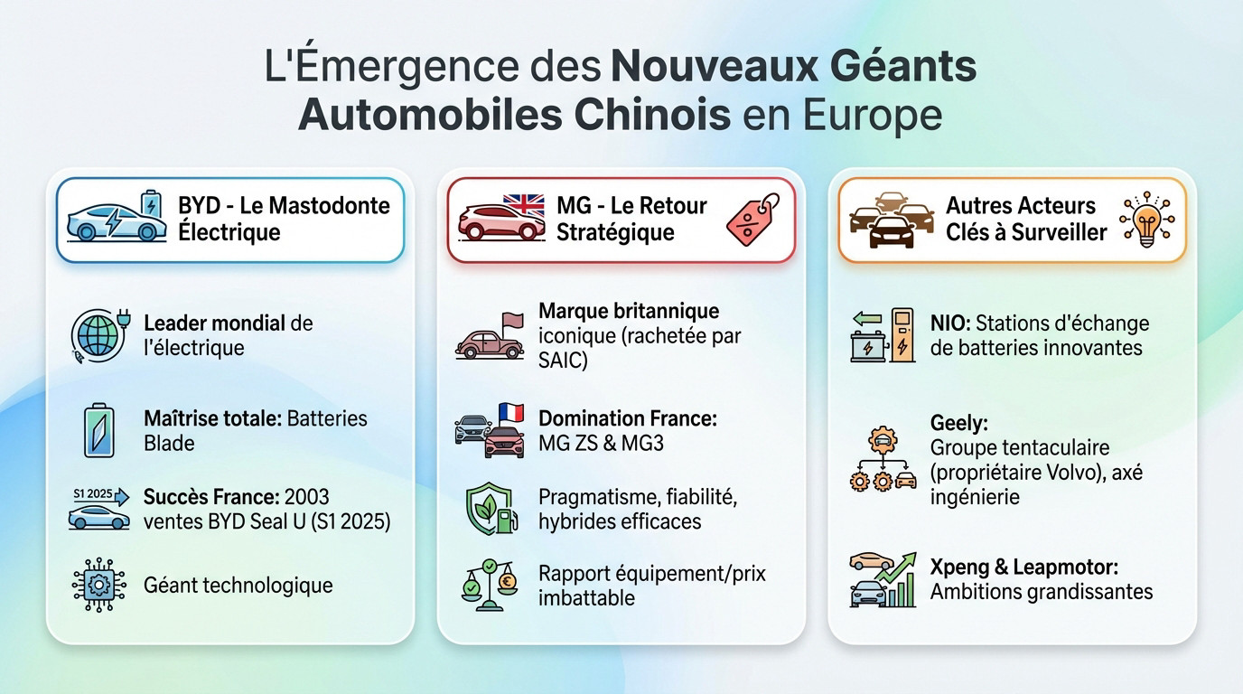 Alignement de véhicules électriques chinois modernes illustrant la montée en puissance de BYD et MG en Europe