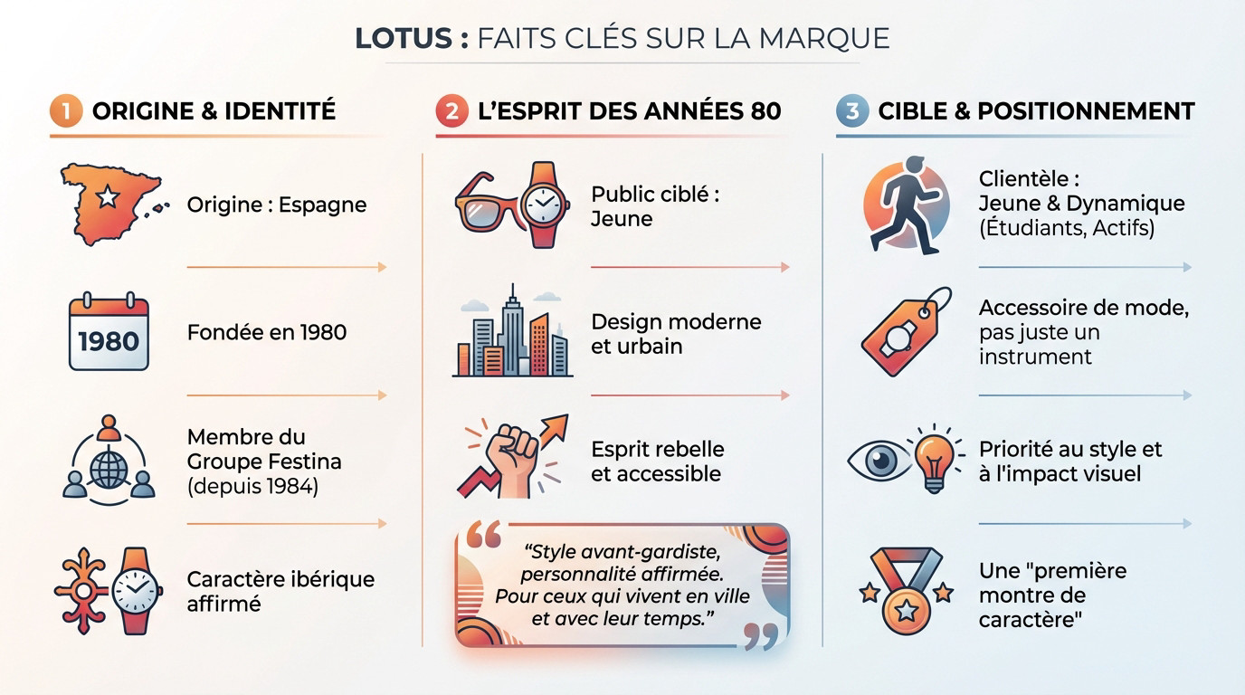 Infographie présentant les faits clés sur l'origine espagnole et l'appartenance au groupe Festina de la marque de montre Lotus