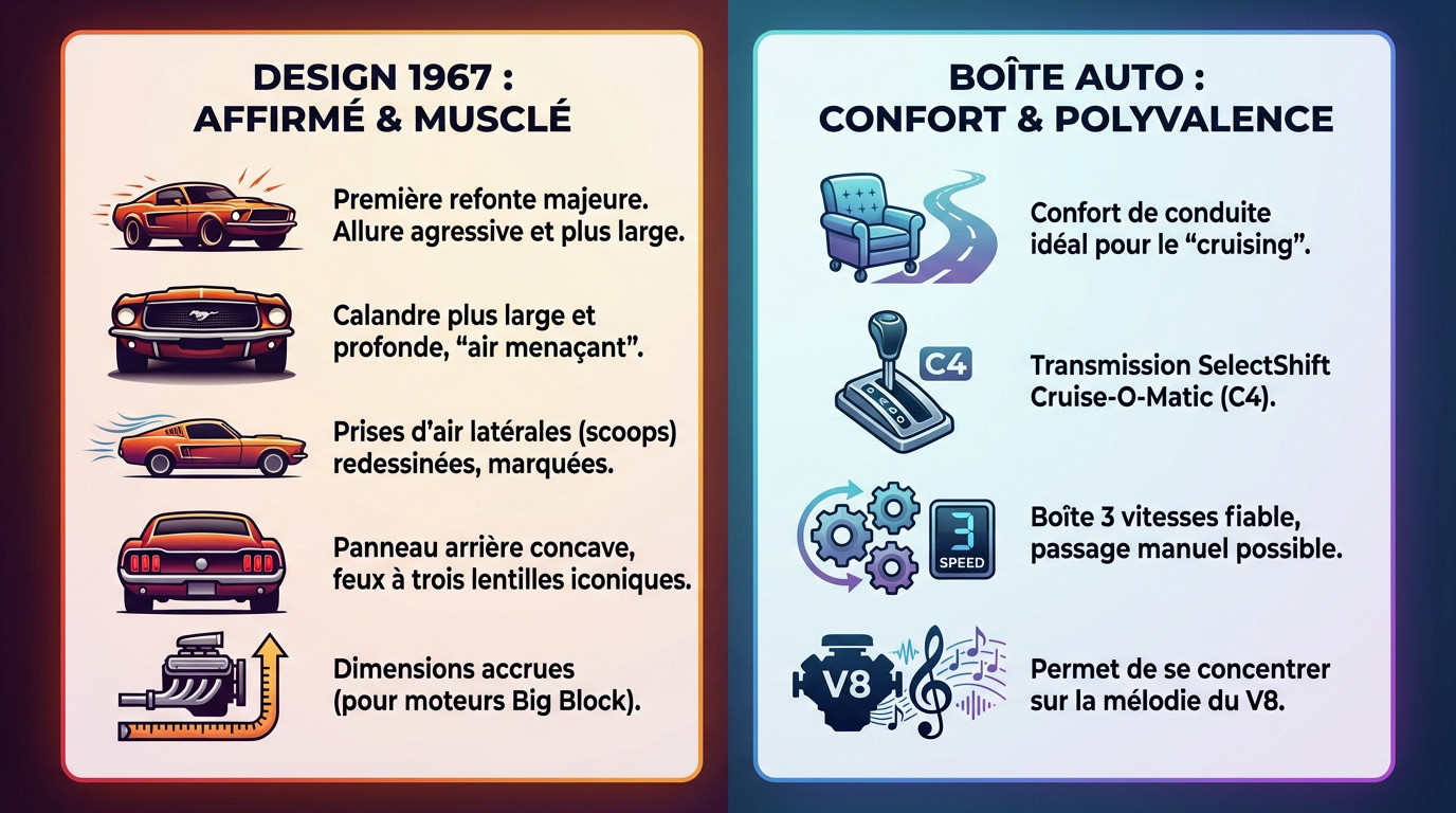 Ford Mustang 1967 rouge profil musclé et transmission automatique