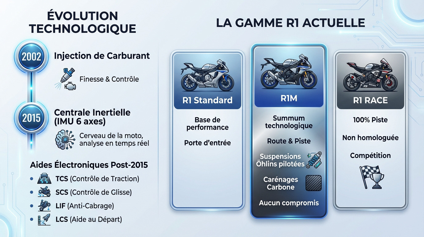 Yamaha R1 évolution technologique sur circuit