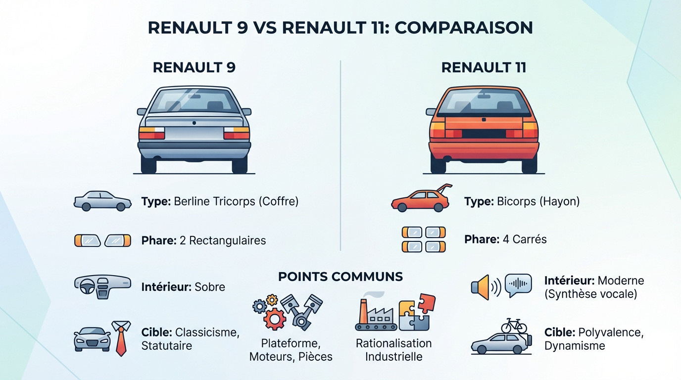 Comparaison visuelle entre la Renault 9 tricorps et la Renault 11 bicorps