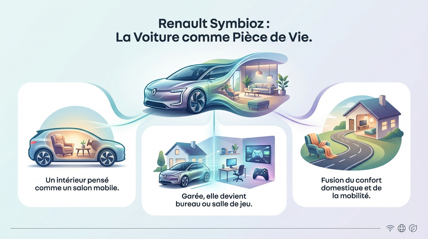 Intérieur du concept Renault Symbioz montrant les sièges pivotants et l'espace salon