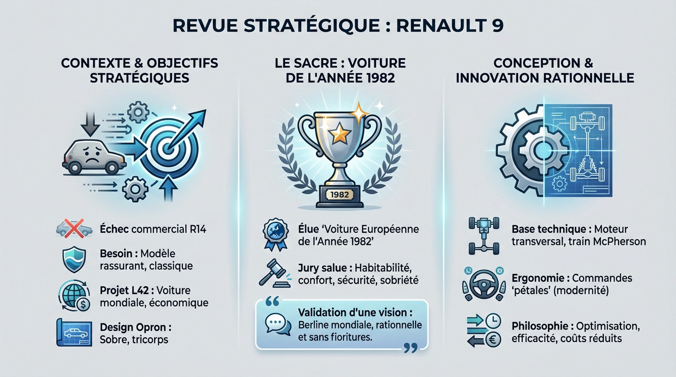 La Renault 9, berline tricorps élue voiture de l'année 1982, symbole de rationalité automobile