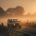 Vue d’un Defender classique roulant dans la campagne de l’Anjou au lever du soleil