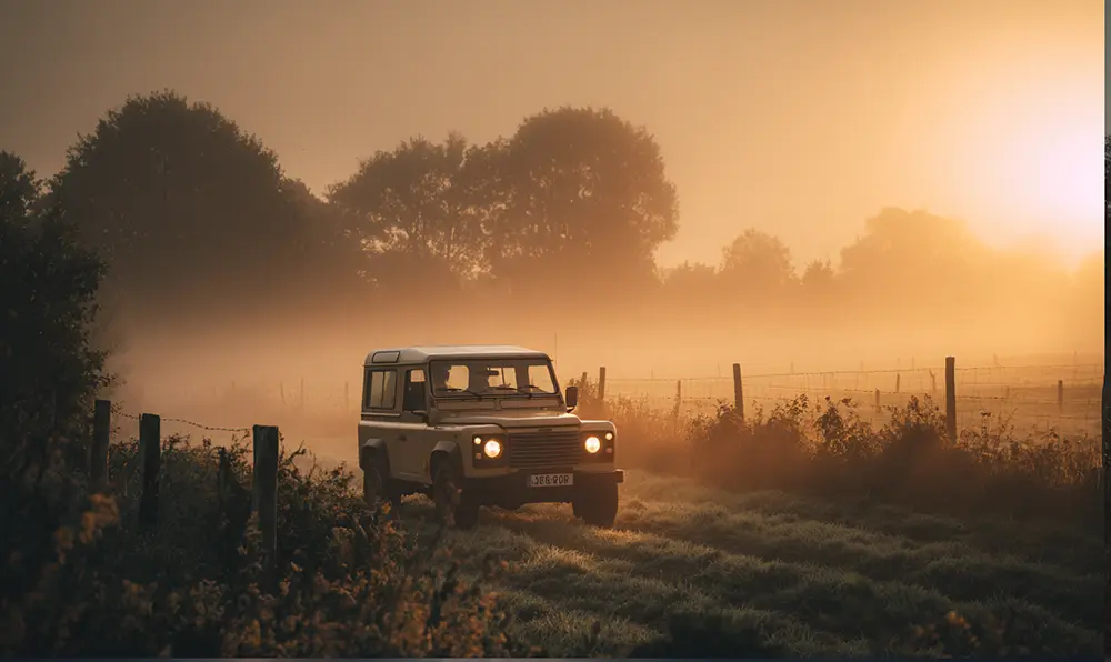 Vue d’un Defender classique roulant dans la campagne de l’Anjou au lever du soleil