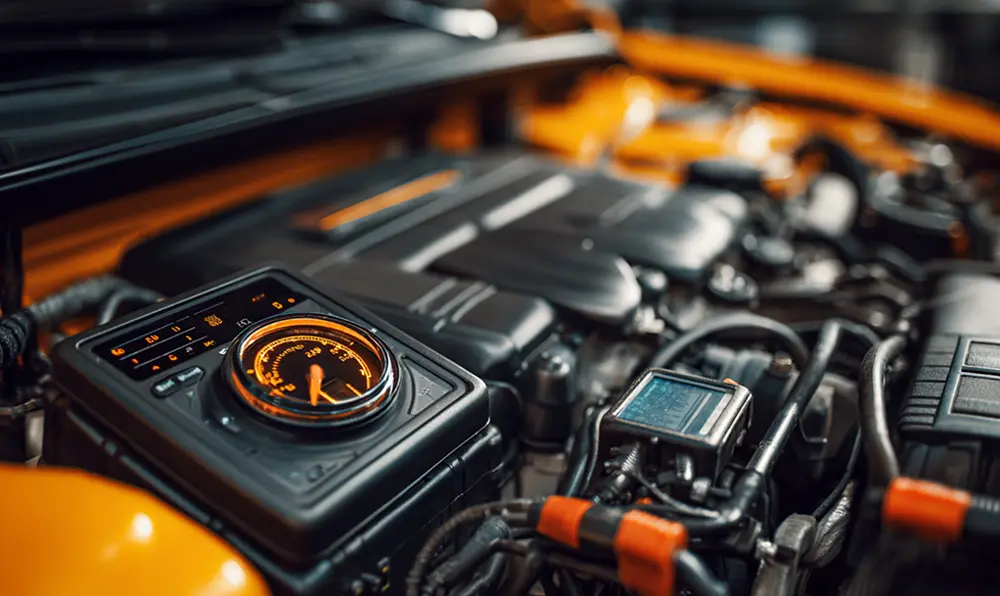tableau de bord voiture voyant moteur orange avec outil diagnostic OBD
