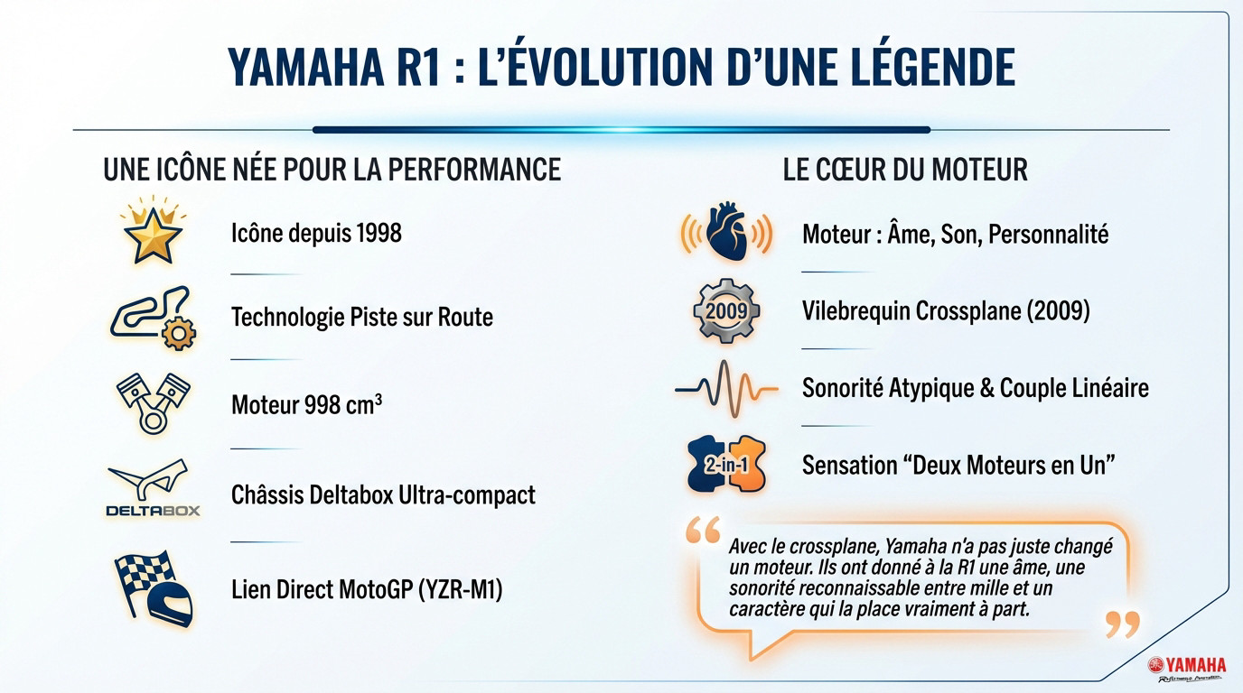 Yamaha R1 sur piste illustrant l'évolution de la technologie MotoGP vers la route