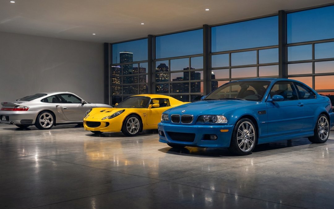 Trois sportives des années 2000 : Porsche 911 argentée, Lotus Elise jaune, BMW M3 bleue, dans un garage avec vue sur ville au crépuscule.