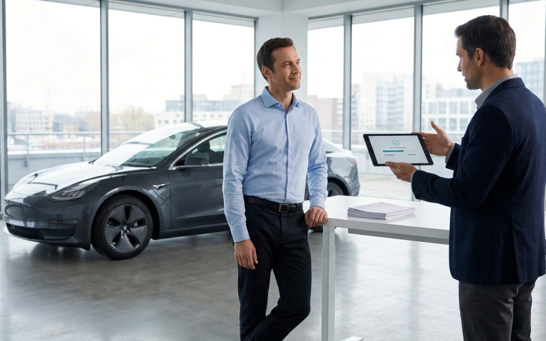 Un intermédiaire explique un processus digital sur tablette à un client près d'une voiture moderne, dans un showroom lumineux.