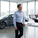 Un intermédiaire explique un processus digital sur tablette à un client près d'une voiture moderne, dans un showroom lumineux.
