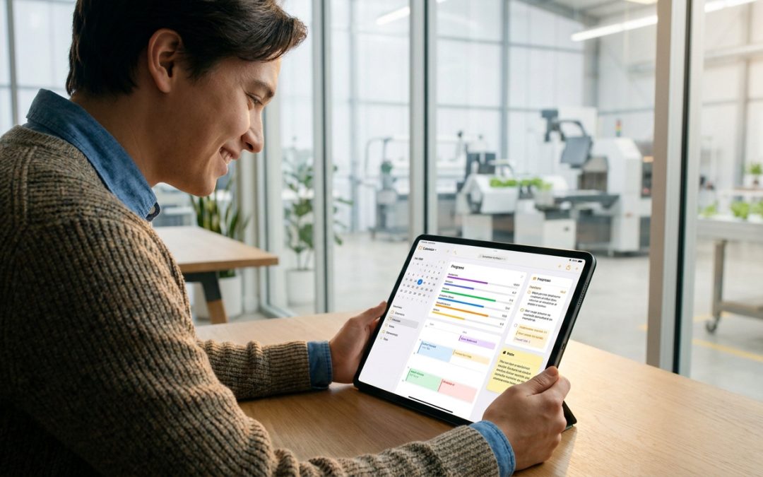 Un jeune homme souriant consulte une tablette numérique affichant un tableau de bord de suivi de formation.