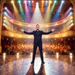 L'humoriste Booder sur la scène du Casino de Paris, sous des projecteurs colorés et des confettis.