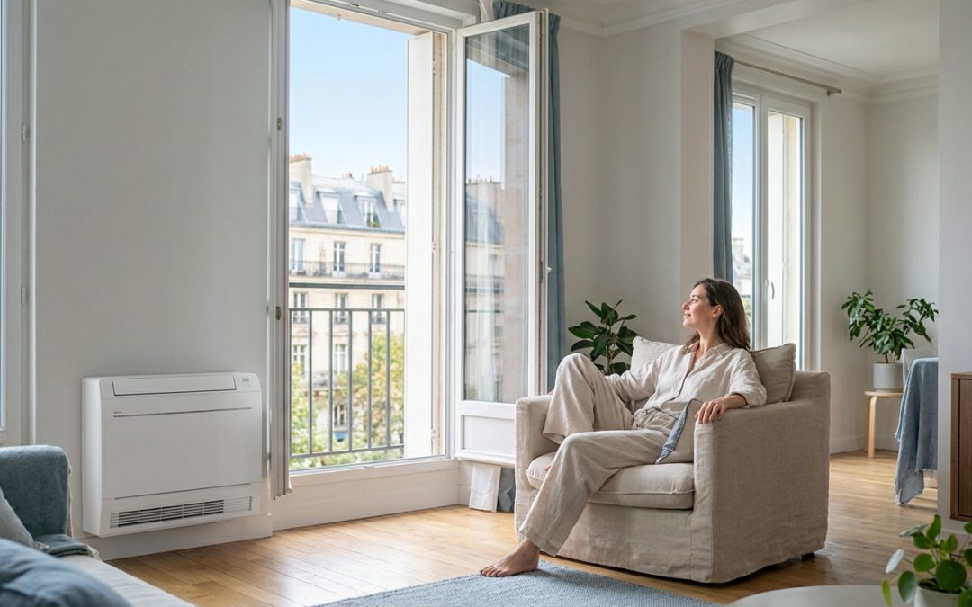 Une femme se détend dans un fauteuil confortable dans un salon lumineux équipé d'une climatisation murale.
