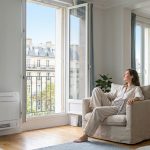 Une femme se détend dans un fauteuil confortable dans un salon lumineux équipé d'une climatisation murale.