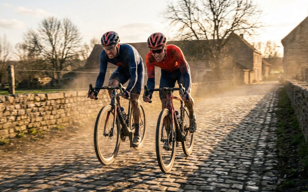 Deux cyclistes professionnels couverts de boue roulent intensément sur les pavés de Paris-Roubaix au coucher du soleil.
