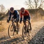 Deux cyclistes professionnels couverts de boue roulent intensément sur les pavés de Paris-Roubaix au coucher du soleil.