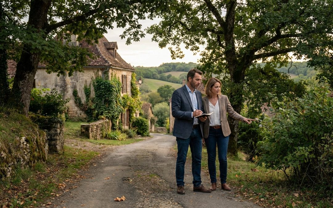 Deux enquêteurs sur une route de campagne devant une maison en pierre typique du Périgord.