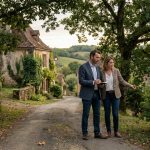 Deux enquêteurs sur une route de campagne devant une maison en pierre typique du Périgord.