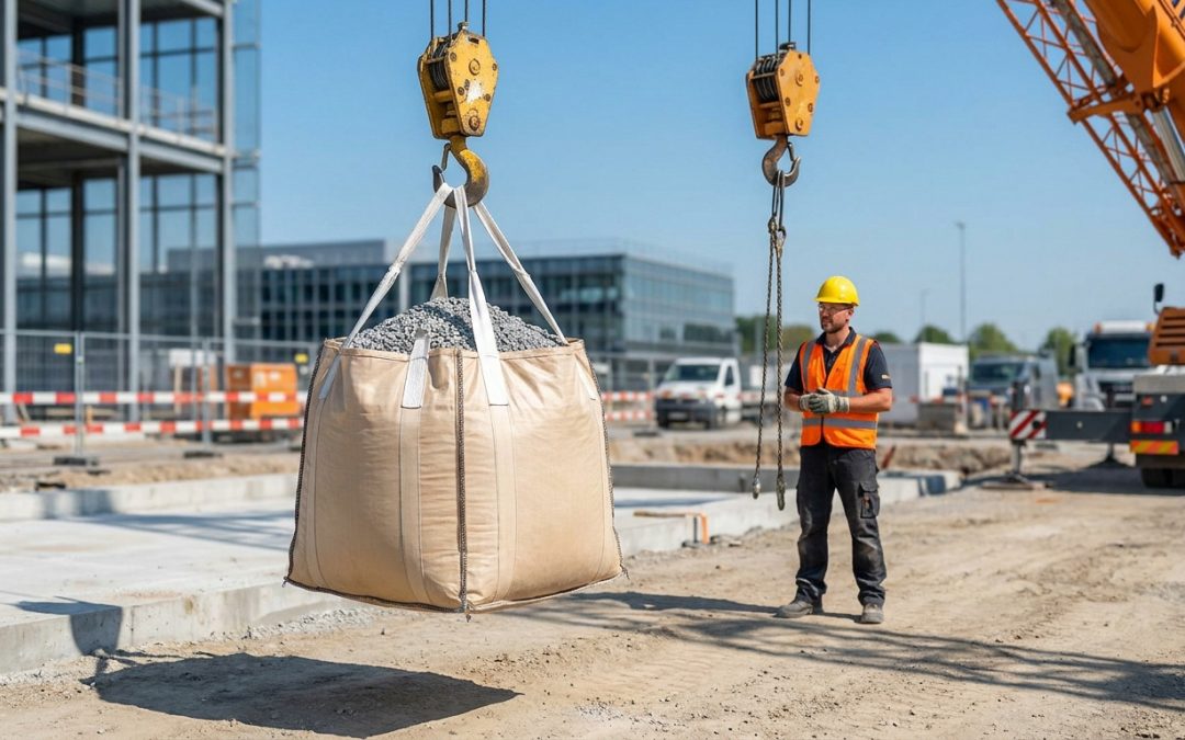 Ouvrier en casque et gilet de sécurité supervisant le levage d'un big bag rempli de gravats par une grue sur un chantier.