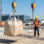 Ouvrier en casque et gilet de sécurité supervisant le levage d'un big bag rempli de gravats par une grue sur un chantier.