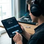 Un homme avec un casque audio utilise une application de mesure de décibels sur une tablette dans un studio de musique.
