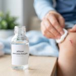 Flacon de sérum physiologique au premier plan avec une personne nettoyant une égratignure sur son genou en arrière-plan.